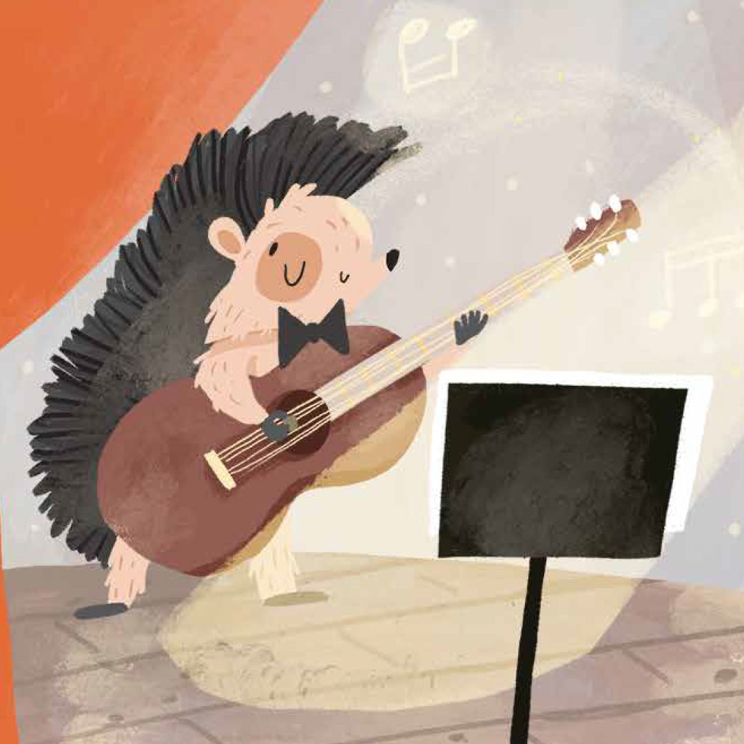Een illustratie uit het muziekboek van een egel met een strikje die gitaar speelt onder een spotlight.