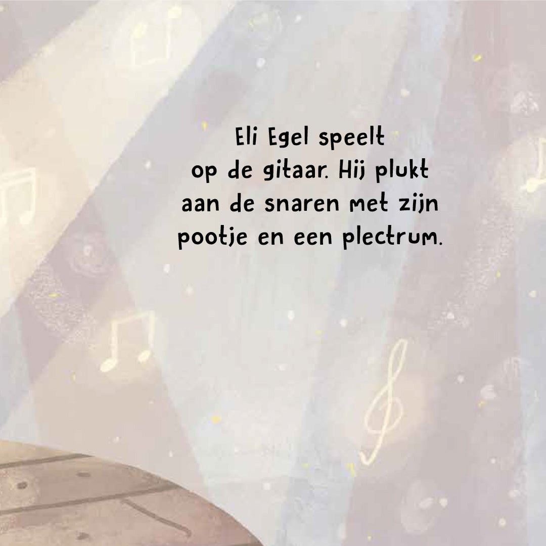 Een open pagina van het muziekboek met tekst over Eli Egel die gitaar speelt.