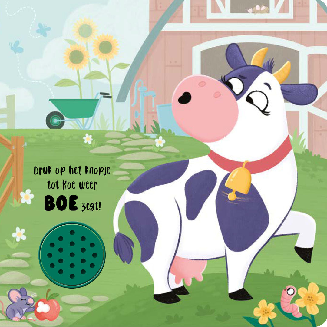 Een pagina uit het kinderboek 'Op de boerderij' met een koe, een schuur en een geluidsknop.