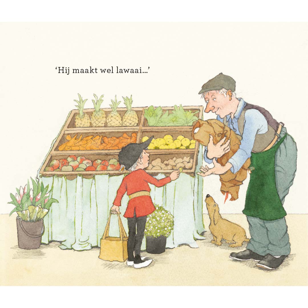 Illustratie uit het prentenboek van een kind bij een groentekraam met een groenteboer en twee honden.