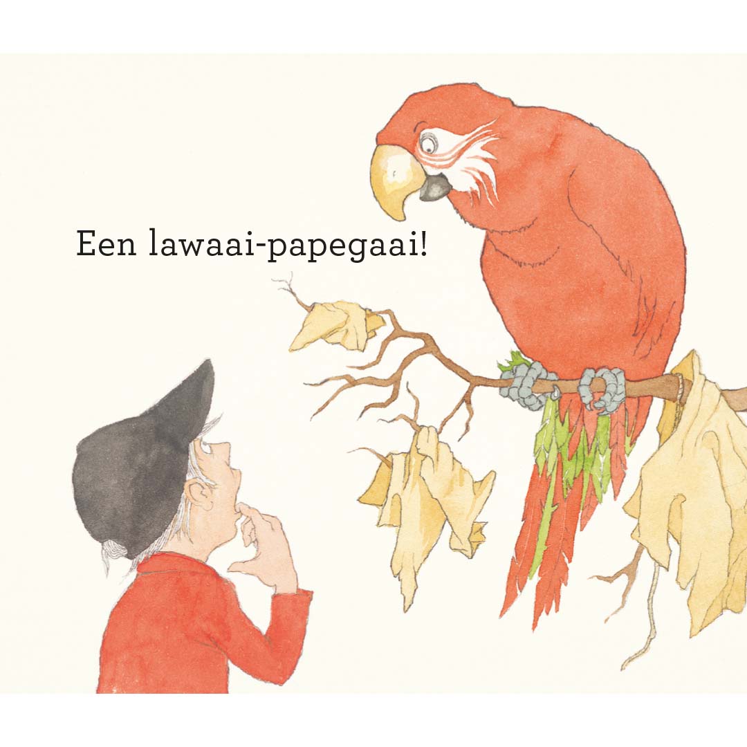 Illustratie uit het prentenboek van een kind dat naar een rode papegaai kijkt.