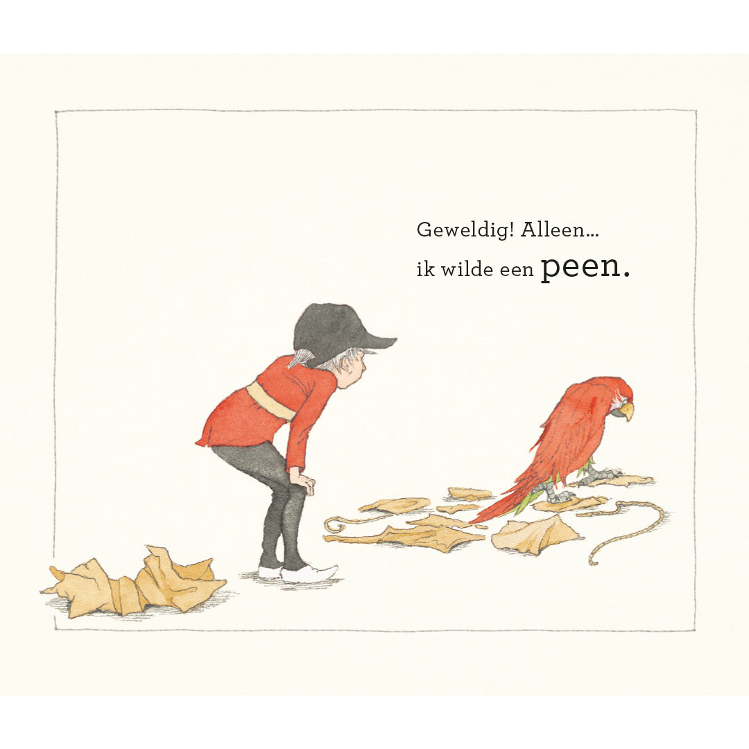 Illustratie uit het prentenboek van een kind dat teleurgesteld naar een papegaai op de grond kijkt.