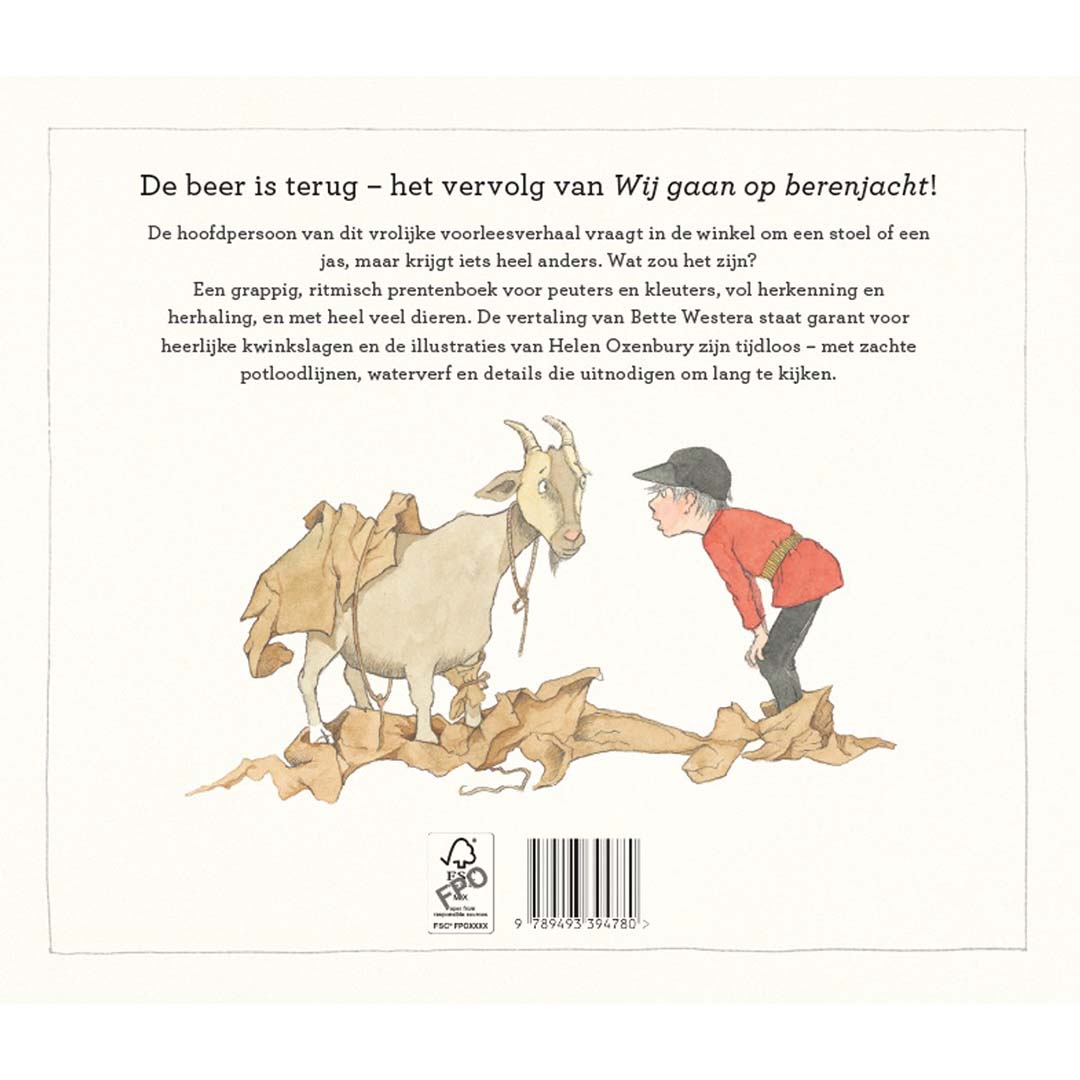 Achterkant van het prentenboek met een geit en een kind, inclusief productinformatie en barcode.