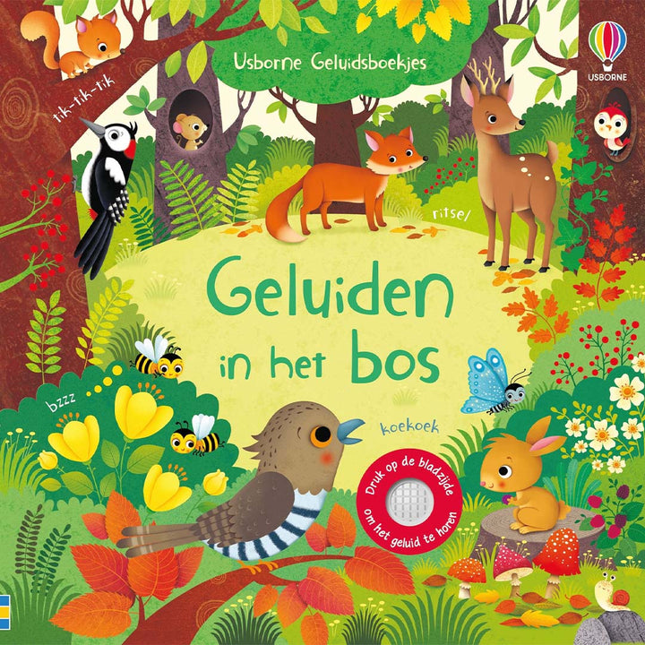 Usborne geluidenboek Geluiden in het bos met een kleurrijke illustratie van bosdieren op de voorkant.