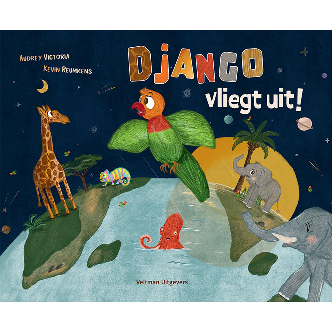 Veltman Uitgevers kinderboek 'Django vliegt uit!' met een vliegende papegaai en andere dieren op de voorkant.