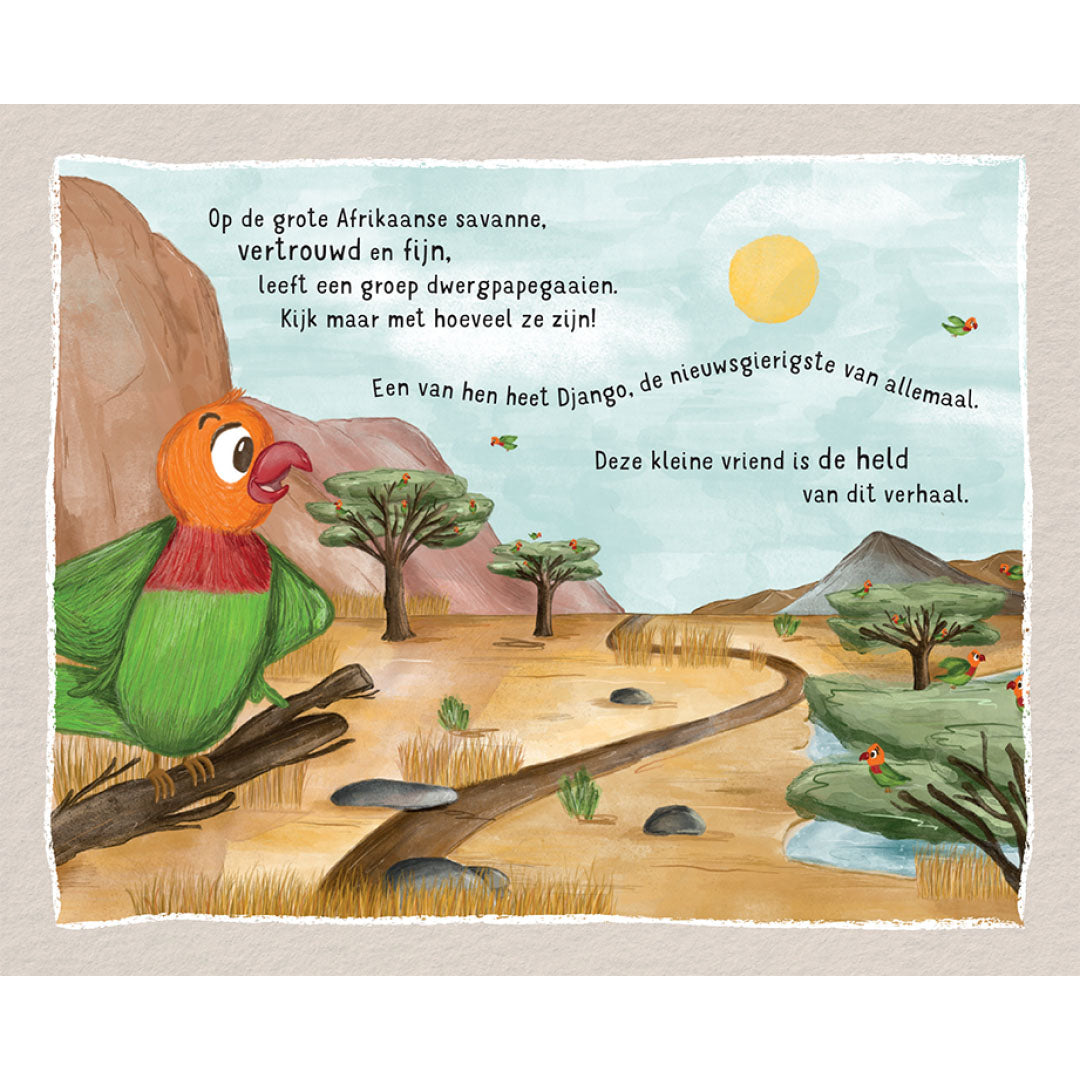 Illustratie uit het kinderboek met een papegaai op een tak in een Afrikaanse savanne en Nederlandse tekst.