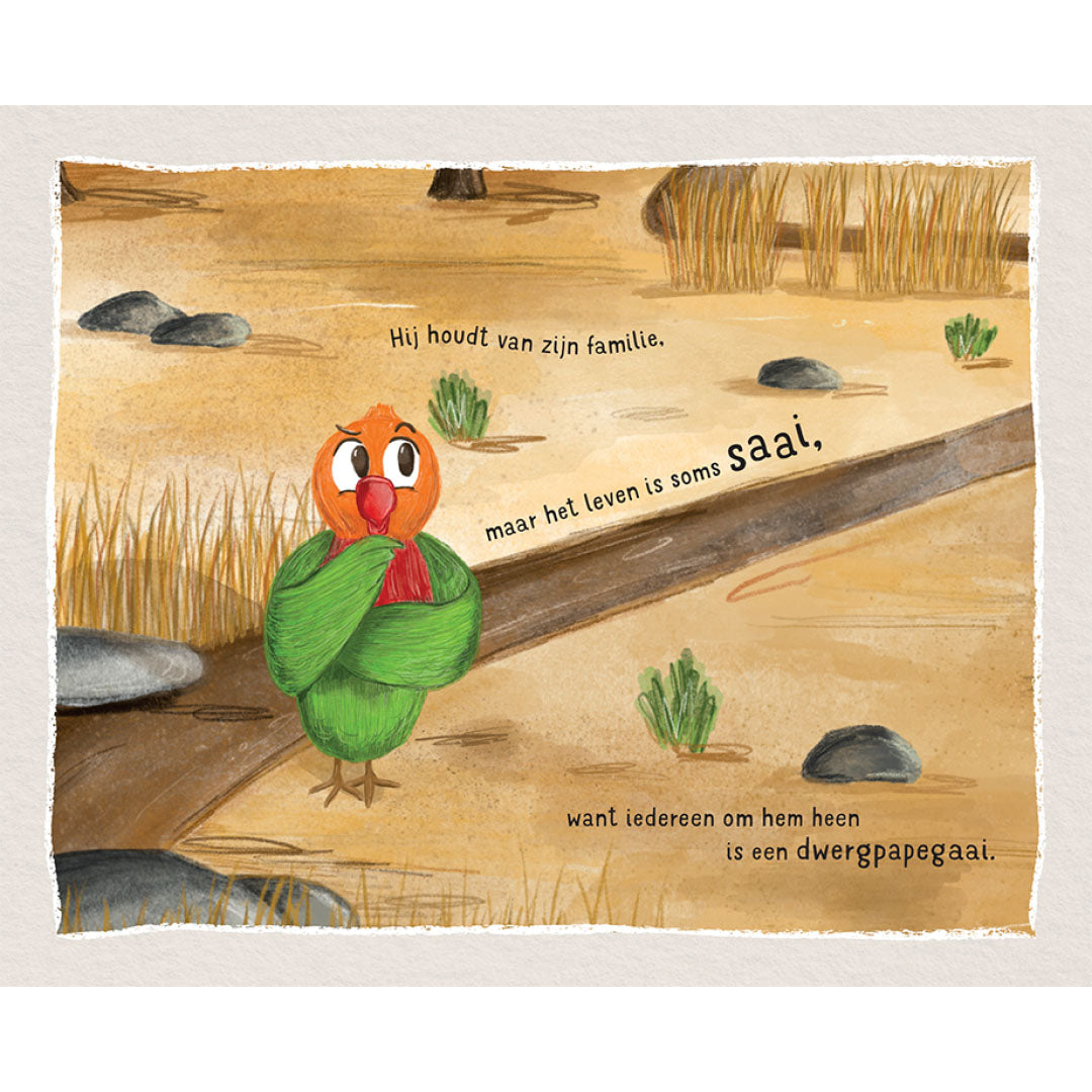 Illustratie uit het kinderboek van een verdrietige papegaai in een droog landschap met Nederlandse tekst.