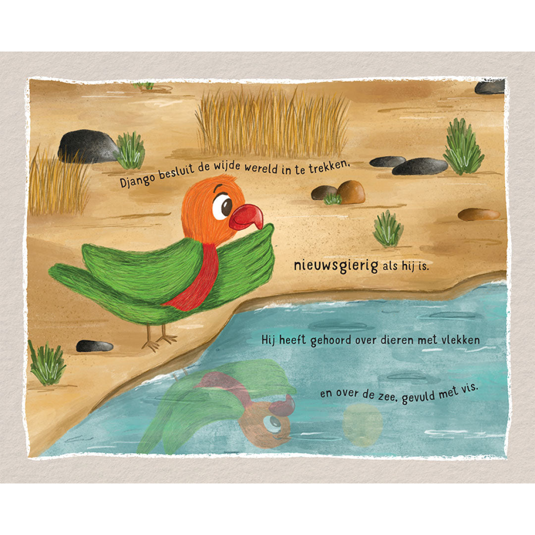 Illustratie uit het kinderboek van een vliegende papegaai boven water met zijn spiegelbeeld en Nederlandse tekst.