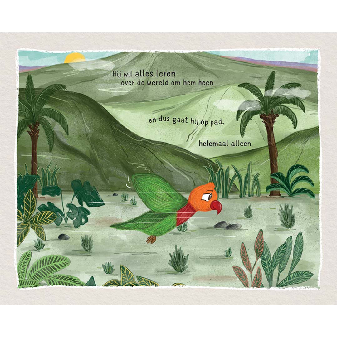 Illustratie uit het kinderboek van een papegaai die over een groen berglandschap met palmbomen vliegt en Nederlandse tekst.