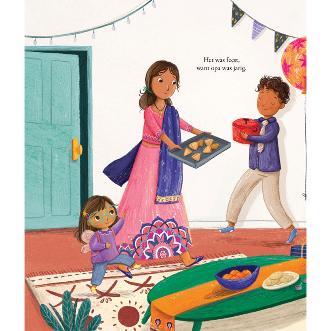 Illustratie uit het kinderboek van een familiefeest met een vrouw, een jongen en een dansend meisje.