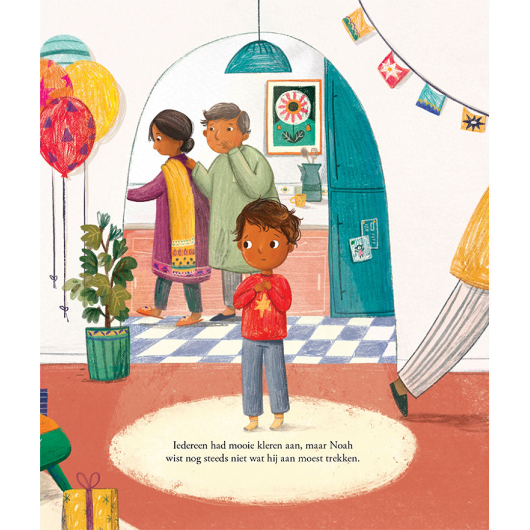 Illustratie uit het kinderboek van een jongen die onzeker kijkt over zijn kleding op een familiefeest.