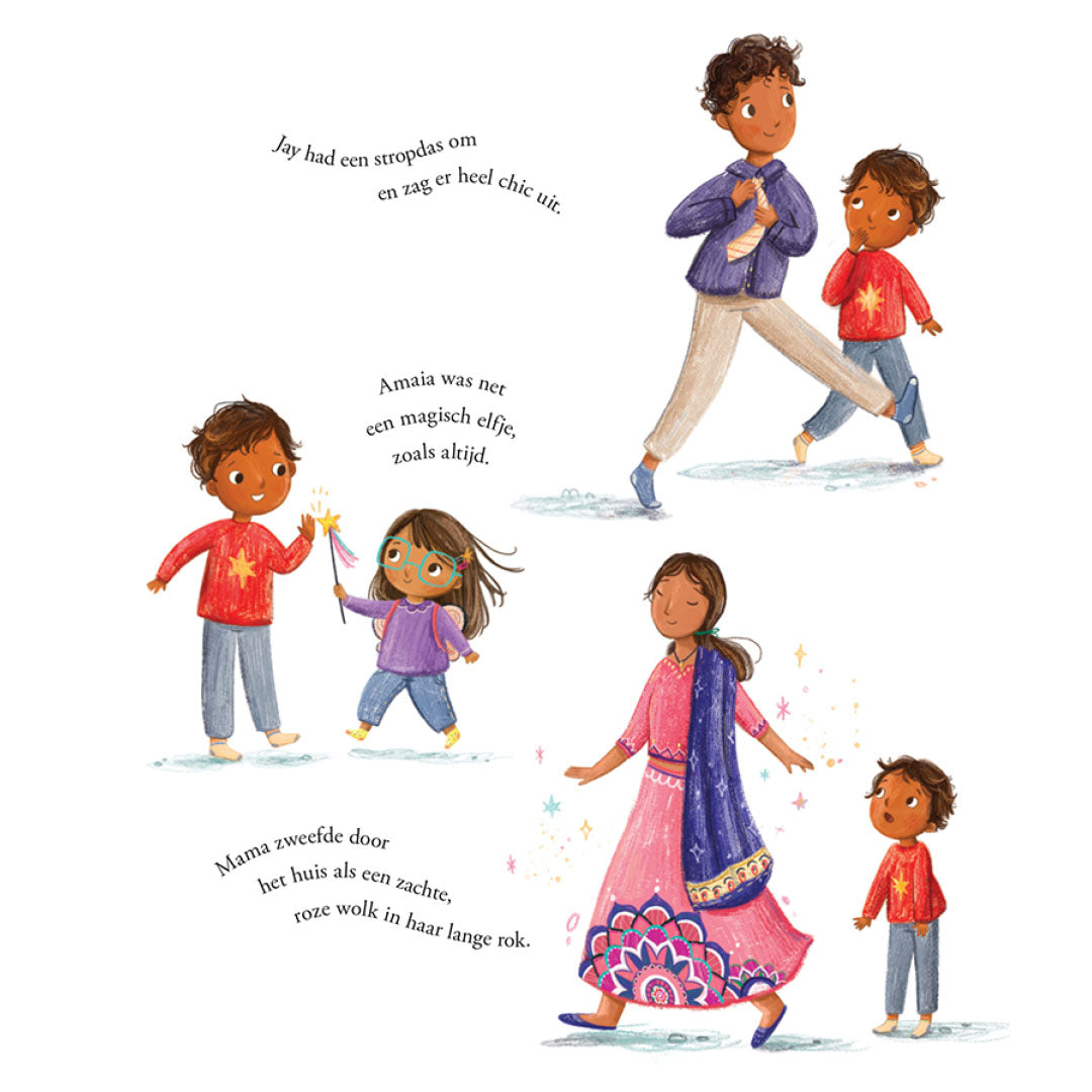 Illustratie uit het kinderboek met verschillende personages in diverse feestelijke kleding.
