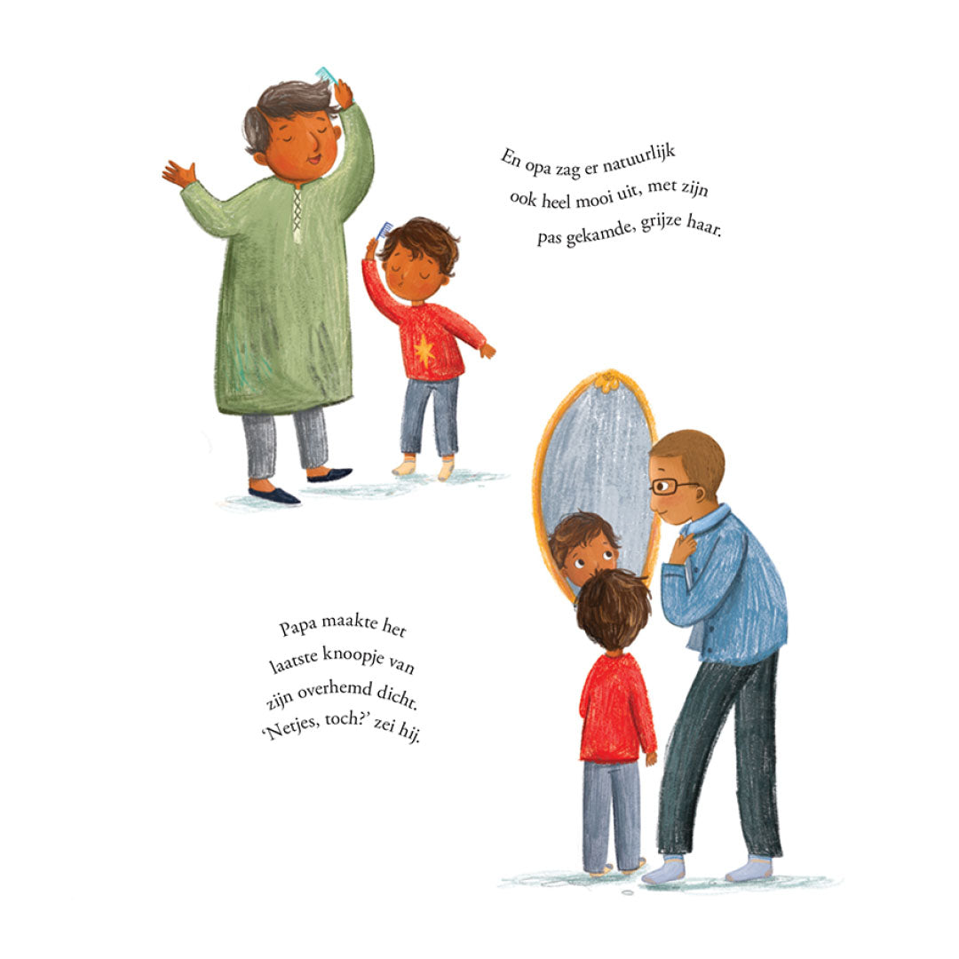 Illustratie uit het kinderboek van een man en een jongen die zich klaarmaken voor een feest.