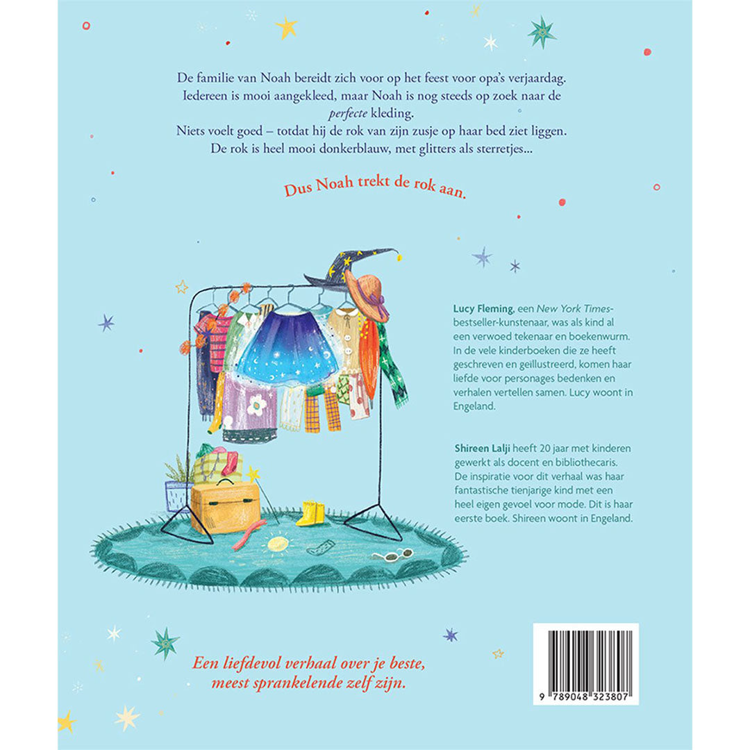 Achterkant van het kinderboek 'Dus Noah droeg een rok' met een kledingrek en tekst over het verhaal.