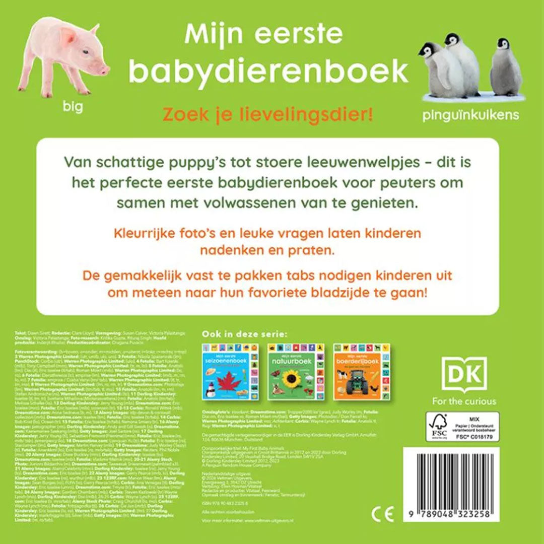 Achterkant van het Veltman Uitgevers kinderboek 'Mijn eerste babydierenboek' met foto's van een big en pinguïnkuikens, en productinformatie.