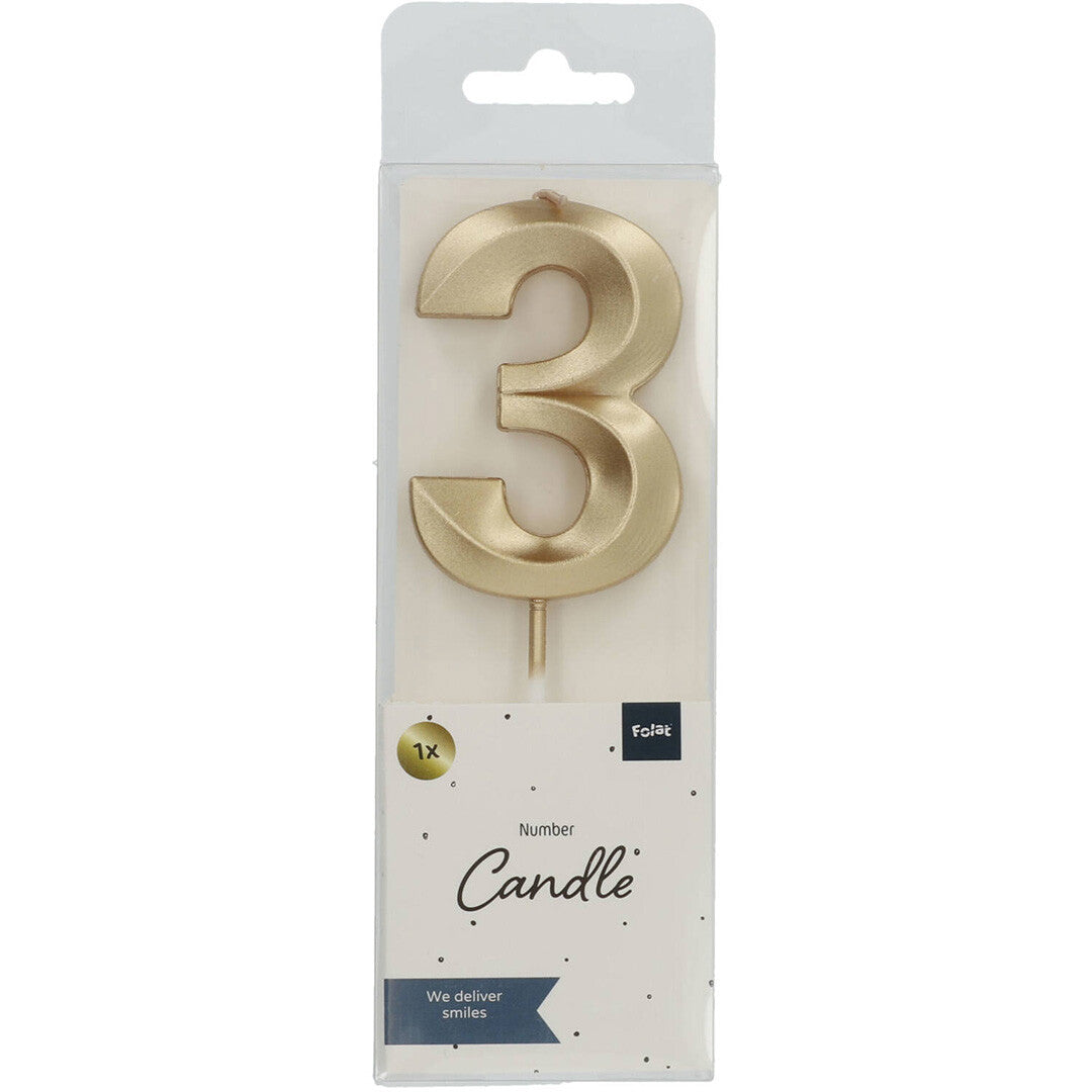 verjaardagskaars metallic goud - 3 jaar  | 24233 | 1