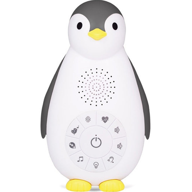 Zazu 3-in-1 muziekdoosje en nachtlampje in de vorm van een witte en grijze pinguïn, met bedieningsknoppen op de buik.